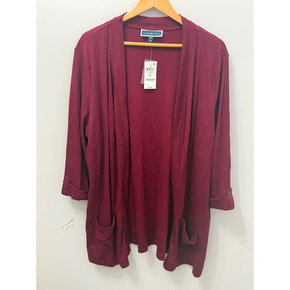 NWT Karen Scott 2X Open Front Cardigan Merlot Burgundy Roll Tab Sleeve Pocket
